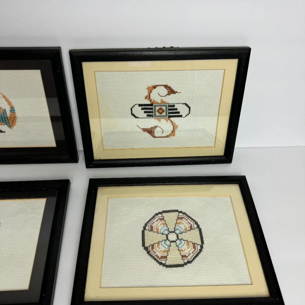 Vintage Hand Cross Stitch Native American Symbols Framed Set of 4